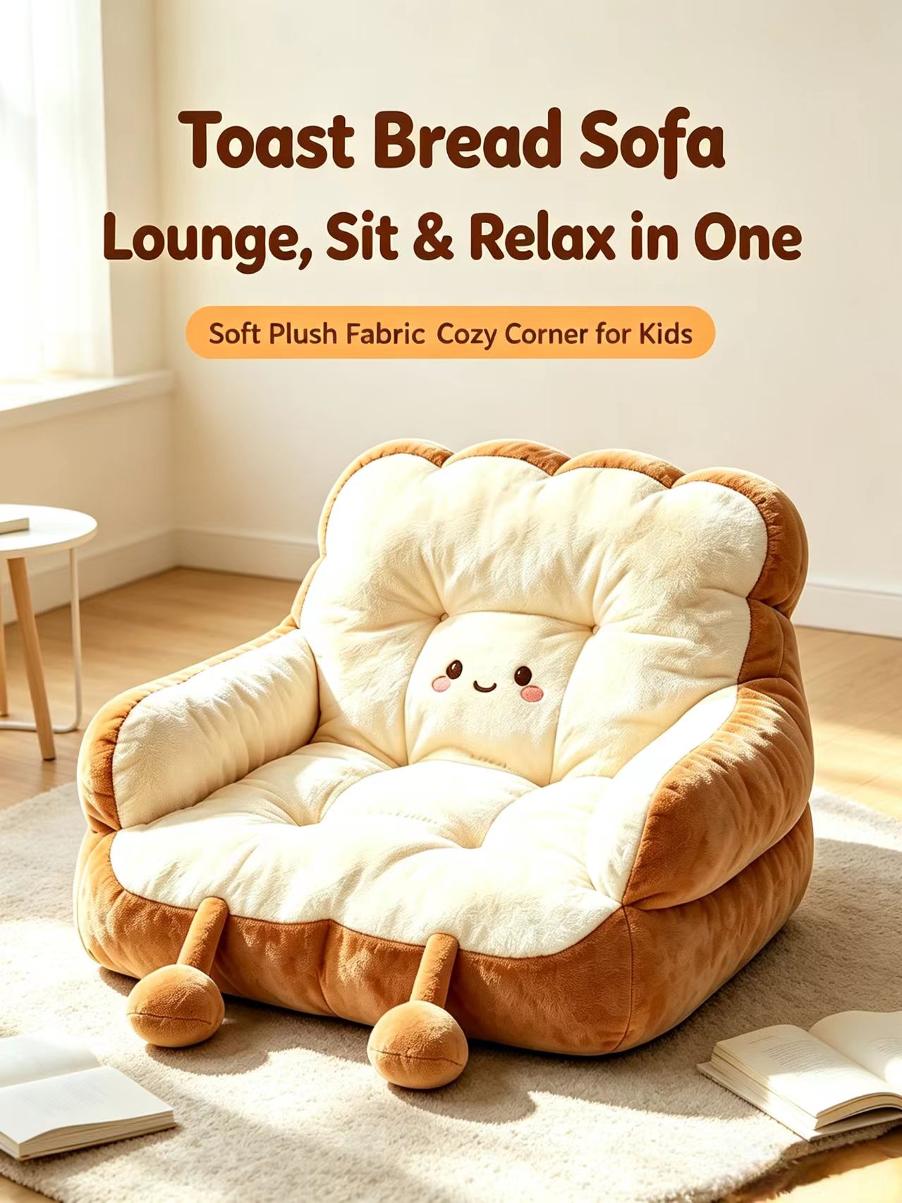 Toast Bread Shaped Kids Sofa – Shredded Foam Filled Reclining Lounger – Soft Cute Couch for Children